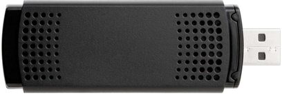 Sort rektangulær Panasonic TY-WL20E USB WiFi-adapter med ventilationsgitter på toppen og USB-port for enden