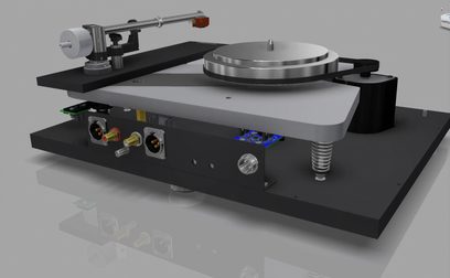 Gramofon Thorens TD 1601 v černém laku, pohled shora v perspektivě, rameno, talíř, ovládací prvky a konektory