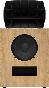 Klipsch kO-R2 boekenplankspeaker in red oak met grote zwarte hoorn en frontluidspreker, vooraanzicht