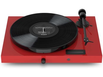 Hi-Fi-Plattenspieler Juke Box E1 in hochglänzendem Rot mit schwarzem Rundteller, schwarzem Tonarm, Drehknopf und rechteckigem Display