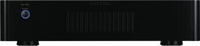 Rotel RB-1562 effektforstærker i sort, minimalistisk front med logo, knap og blå LED-lys tændt