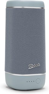 Bluetooth-Lautsprecher Roberts Reunion in Himmelblau, Vorderansicht, Gewebe-Mesh-Gitter, Kunststoffsockel mit Anzeigen und Taste