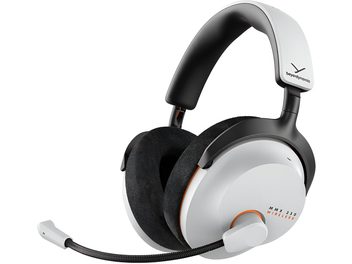 Cască de gaming wireless Beyerdynamic MMX 230 gri, cu bandă de susținere albă, cupe închise și microfon pe braț flexibil