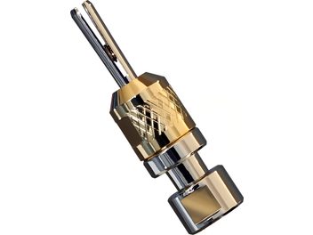 Ficha banana e forquilha Cardas CAB banhadas a ouro, em metal cromado brilhante, vista lateral e frontal, sobre fundo branco