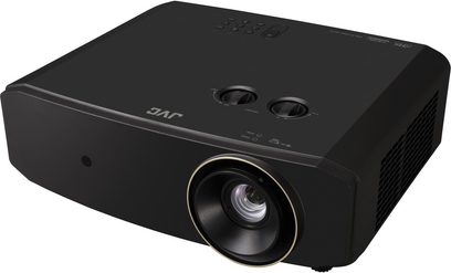 Videoprojektor JVC LX-NZ30 černý, pohled zepředu a shora, obdélníkový tvar, objektiv umístěný uprostřed, dva tlačítka na horní straně