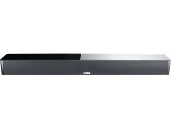 Canton Smart Soundbar 10 lydplanke i svart høyglans, sett forfra, front med svart metallgitter og sentrert logo