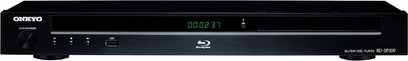 Onkyo BD-SP309 sort 4K Blu-ray-afspiller, set forfra, blå LED-display "000237", USB-port, kontrolknapper på fronten