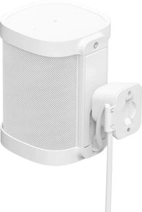 Önden ve yandan görünümüyle, metal ızgaralı, montaj mekanizmasına sahip beyaz Sonos duvar askısı hoparlör için destek