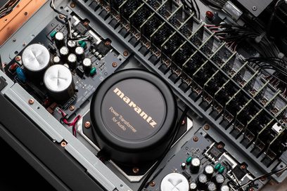 Marantz AV 10 home theater preamplifier, overhead interior view showing electronic components and toroidal transformer