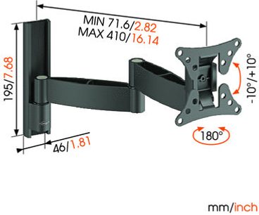 Vægmonteret, drejeligt TV-beslag i sort. Minimums- og maksimumdimensioner i mm og tommer. 180° rotation. Teknisk diagram
