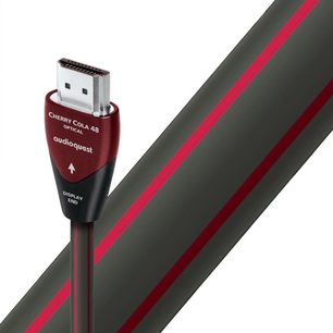 Cablu HDMI Audioquest Cherry Cola 48 Optic, conector USB argintiu, mânecă roșie și neagră, vedere apropiată a capătului
