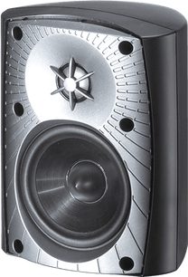Boxă de exterior Stylus 170, vedere frontală, carcasă neagră, tweeter central în formă de stea, woofer circular, 4 puncte de fixare vizibile