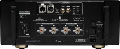 Parasound JC 1+ sort effektforstærker, frontvisning, stik og kontroller i nærbillede