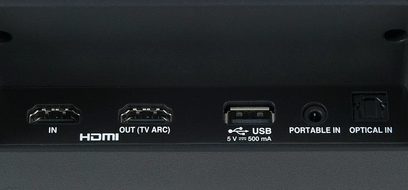 LG LAS450H soundbar, bagside, HDMI-stik, TV ARC, USB, bærbar ind og optisk ind
