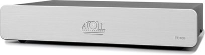 Atoll PH100 sølvfarvet phono-forforstærker, rektangulært metalhus med børstet overflade og logo, set forfra