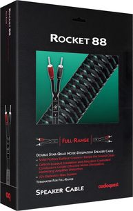 Kabel za zvočnike AudioQuest Rocket 88, črno ohišje s črno-zelenim pletenim videzom in rdečimi ter črnimi priključki