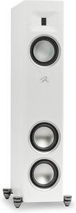 Altavoz de columna MartinLogan Motion F10 blanco mate con 3 altavoces circulares y 1 tweeter rectangular sobre pies negros