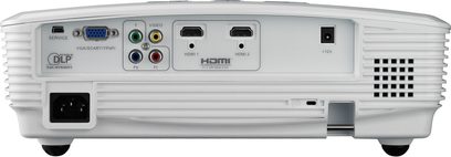Videoprojektor Optoma HD23 bílý, pohled zepředu, konektory HDMI, VGA, kompozitní video, USB port a napájecí zdroj 12V