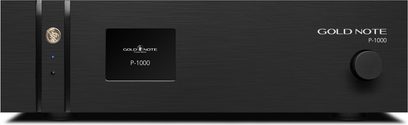 Sort stereo-forforstærker Gold Note P-1000, frontpanel i børstet aluminium med stor rund knap til højre og centralt display