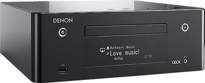 Denon RCD-N9 sort højfidelitetssystem, forfra, med CD-afspiller, USB-port, skærm og kontrolknapper