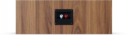 Cassa centrale Elac Debut 3.0 DC53 in legno noce, vista posteriore, morsettiera incassata nera con due terminali rosso e bianco