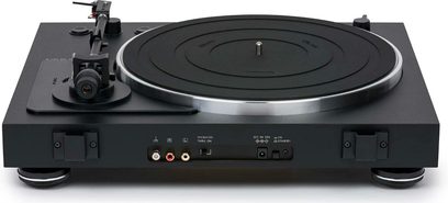 Giradischi hi-fi Thorens TD 101 A nero opaco, vista dall'alto, piatto girevole nero, braccio di lettura, pulsanti e connettori sul retro