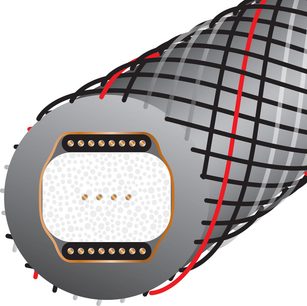 Cavo coassiale digitale Wireworld Silver Starlight 10 Coaxial 0,5m, vista in sezione, struttura interna con conduttori dorati, isolamento bianco, guaina esterna grigia con trama nera e rossa
