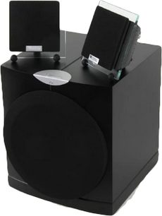 2.1 højttalersæt fra Waterfall Audio Sério + HF1 i sort, kubisk basreflekskabinet, to tynde rektangulære satellithøjttalere