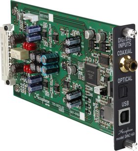 Cartelă de extensie DAC-60, vedere din unghi, componente electronice variate, conectori coaxial, optic, USB, text alb