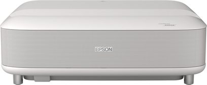 Videoprojetor Epson EH-LS670 branco, vista frontal, grande grelha frontal perfurada e ângulos arredondados