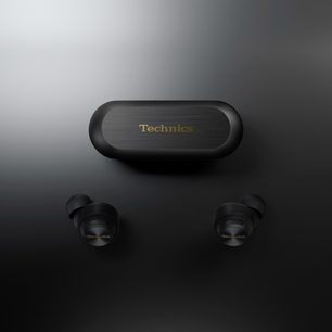 Bezprzewodowe słuchawki hi-fi Bluetooth Technics EAH-AZ100E czarne z owalnym teksturowanym etui i zaokrąglonymi słuchawkami dousznymi