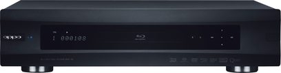 OPPO BDP-95EU sort 4K Blu-ray-afspiller, set forfra, blå skærm, synlige knapper og stik