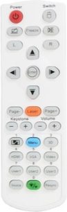 Hvid fjernbetjening med røde, orange, blå, grå og grønne knapper, med påskrifterne "Power", "Switch", "Freeze", "Laser" og "Page-"