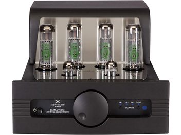Hi-Fi Tube Amplifier Synthesis Art In Music Roma 96DC, front view, 4 vertical tubes, 1 central knob, 4 buttons on the right