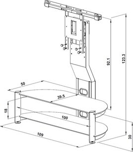TV-møbel med drejelig fladskærmsbeslag, i sort metal, detaljerede mål på vedlagte tekniske diagram