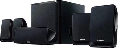 Yamaha NS-P20 sort kompakt højttalerpakke i sort, med subwoofer, 4 satellithøjttalere og centerhøjttaler, set forfra