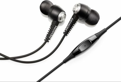 Sorte Denon AH-C120MA in-ear hovedtelefoner med silikoneørepropper og fladt kabel, set forfra