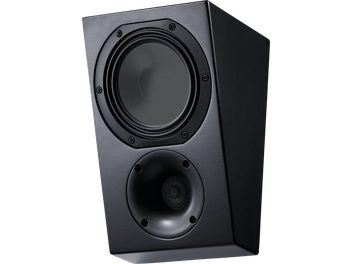 Diffusore Dolby Atmos Canton AR 4 S2 nero, cabinet inclinato con grande woofer rotondo e tweeter a tromba visto da tre quarti