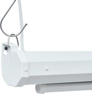 Schermo di proiezione motorizzato Projeo Motion HD 77 bianco, primo piano sul cassonetto con fissaggio e gancio metallici