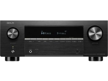 Musta Denon AVR-X2900HDAB -kotiteatterivahvistin edestä nähtynä, suuri keskellä oleva näyttö ja kaksi leveää hopeanväristä säätönuppia