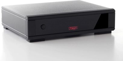 Phono předzesilovač Rega Fono MC MK4 černý, pohled zepředu, ploché obdélníkové pouzdro, čelní panel s červeným logem, tlačítkem a kontrolkou