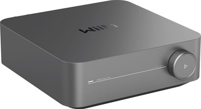 Stereo hi-fi ojačevalnik WiiM Amp Pro v vesoljsko sivi barvi s pravokotnim ohišjem, okroglim gumbom na desni in logotipom na vrhu