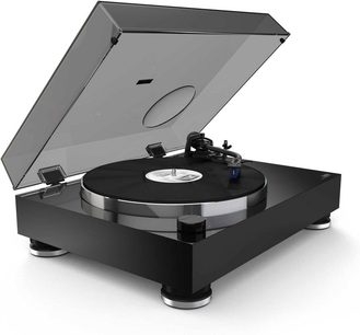 Platine vinyle hi-fi Reloop TURN X noire, vue de 3/4 avant droit, couvercle anti-poussière transparent ouvert, bras de lecture