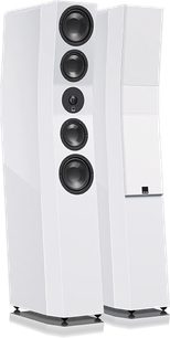 Enceinte colonne SVS Ultra Evolution Tower blanc laqué, vue de face, 5 haut-parleurs, façade blanche, socle noir