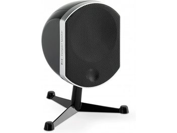 Enceinte compacte Focal Bird noir, vue de face, grille noire, support noir en X, forme cylindrique arrondie