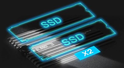 Netzwerk-Audio-Player EverSolo DMP-A10, Draufsicht, 2 SSD-Steckplätze in blau hervorgehoben, Text "X2" unten