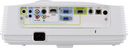 Mitsubishi WD620U hvid videoprojektor, set forfra, audio/video-stik på bagsiden, kontrolknapper på toppen