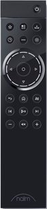 Sort Naim Uniti Atom HDMI-fjernbetjening med kromet cirkulær drejeknap, 18 runde knapper og hvidt logo forneden