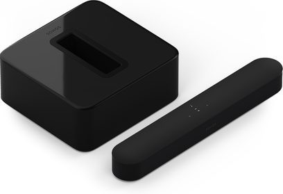 Soundbar Sonos Pack Beam și Sub negru, vedere frontală și laterală, carcasă rectangulară neagră mată, subwoofer cub negru