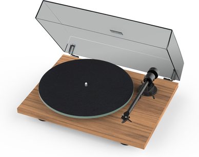 Toca-discos hi-fi Pro-Ject T1 EVO Phono nogueira com prato circular preto, braço de leitura preto e tampa transparente aberta